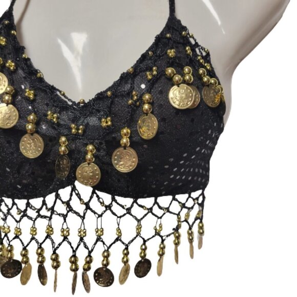 Black BellyDance Top with Gold Coin Tassels NEW - Picture 4 of 8